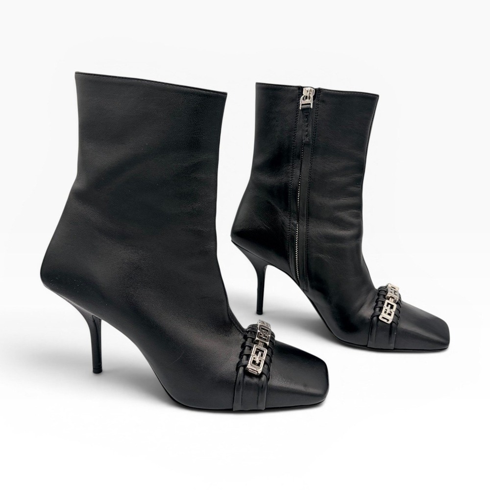 Givenchy Woven G Chain Lamb Leather Boots 38 8‎ Square Black Stiletto Heel Italy